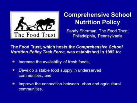  Increase the availability of fresh foods,  Develop a stable food supply in underserved communities, and  Improve the connection between urban and agricultural.