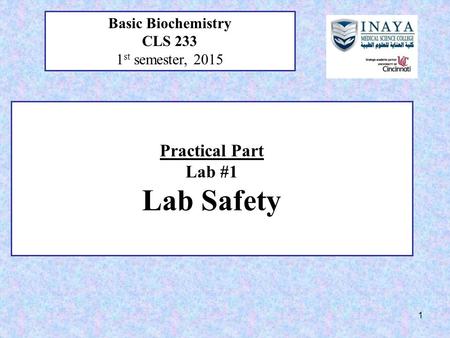 Practical Part Lab #1 Lab Safety Basic Biochemistry CLS 233 1 st semester, 2015 1.
