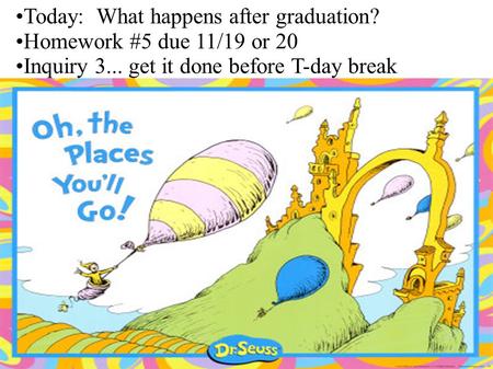 Today: What happens after graduation? Homework #5 due 11/19 or 20 Inquiry 3... get it done before T-day break.