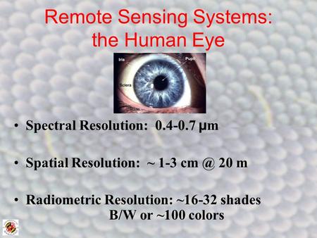 Remote Sensing Systems: the Human Eye Spectral Resolution: 0.4-0.7 µ m Spatial Resolution: ~ 1-3 20 m Radiometric Resolution: ~16-32 shades B/W or.