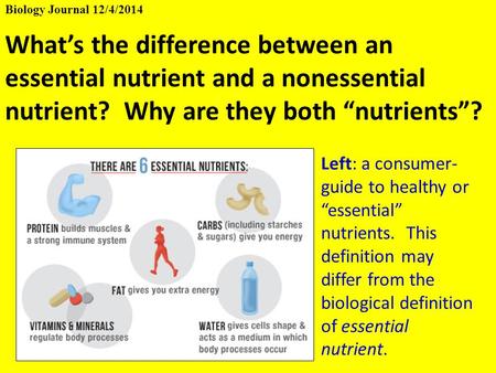 Biology Journal 12/4/2014 What’s the difference between an essential nutrient and a nonessential nutrient? Why are they both “nutrients”? Left: a consumer-