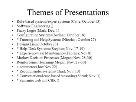 Themes of Presentations Rule-based systems/expert systems (Catie; October 13) Software Engineering () Fuzzy Logic (Mark; Dec. 1) Configuration Systems.