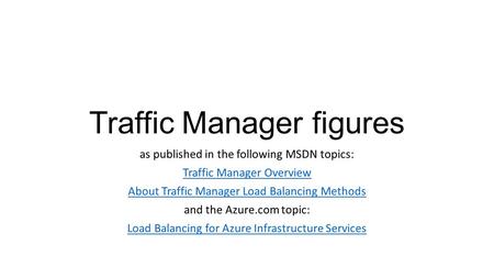 Traffic Manager figures as published in the following MSDN topics: Traffic Manager Overview About Traffic Manager Load Balancing Methods and the Azure.com.