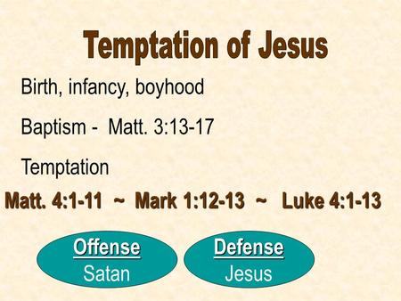 Matt. 4:1-11 ~ Mark 1:12-13 ~ Luke 4:1-13 Birth, infancy, boyhood Baptism - Matt. 3:13-17 Temptation Offense SatanDefense Jesus.