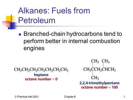 © Prentice Hall 2001Chapter 81 Alkanes: Fuels from Petroleum Branched-chain hydrocarbons tend to perform better in internal combustion engines.