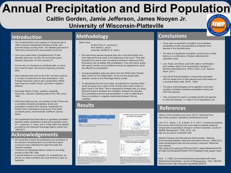 Annual Precipitation and Bird Population Caitlin Gorden, Jamie Jefferson, James Nooyen Jr. University of Wisconsin-Platteville The Christmas Bird Count.