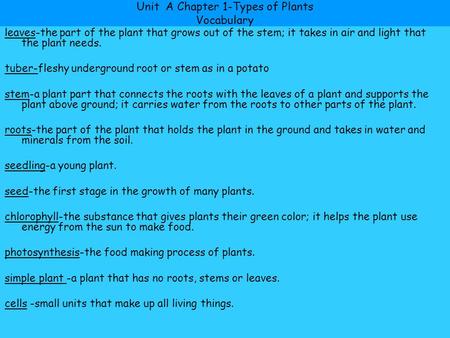 Unit A Chapter 1-Types of Plants Vocabulary