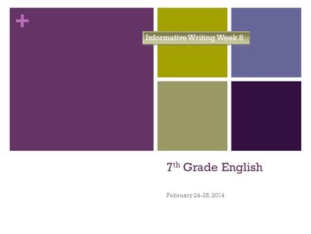 + 7 th Grade English February 24-28, 2014 Informative Writing Week 8.