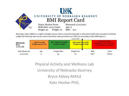 Physical Activity and Wellness Lab University of Nebraska Kearney Bryce Abbey MAEd Kate Heelan PhD,