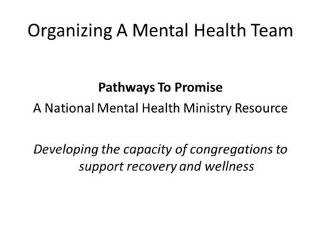 Organizing A Mental Health Team Pathways To Promise A National Mental Health Ministry Resource Developing the capacity of congregations to support recovery.