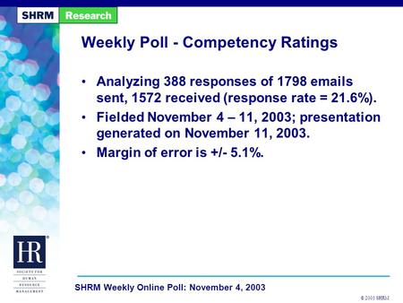 © 2003 SHRM SHRM Weekly Online Poll: November 4, 2003 Weekly Poll - Competency Ratings Analyzing 388 responses of 1798 emails sent, 1572 received (response.