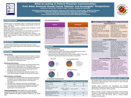  Language barrier, cultural difference and patient involvement are key issues in patient-physician communication for Asian American breast cancer survivors.