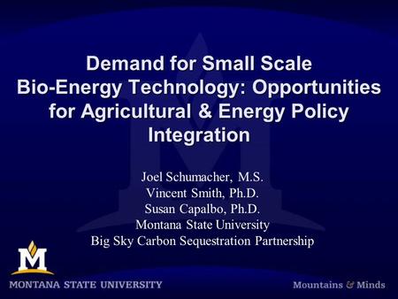 Demand for Small Scale Bio-Energy Technology: Opportunities for Agricultural & Energy Policy Integration Joel Schumacher, M.S. Vincent Smith, Ph.D. Susan.