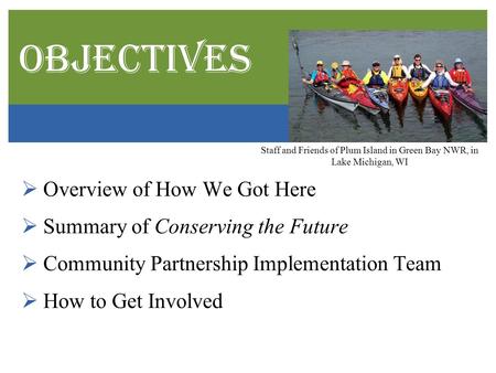 Objectives  Overview of How We Got Here  Summary of Conserving the Future  Community Partnership Implementation Team  How to Get Involved Staff and.