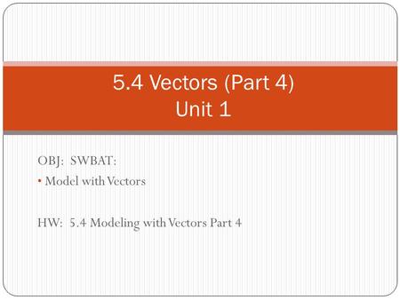 OBJ: SWBAT: Model with Vectors HW: 5.4 Modeling with Vectors Part 4 5.4 Vectors (Part 4) Unit 1.
