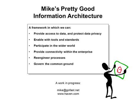 Mike’s Pretty Good Information Architecture A framework in which we can: Provide access to data, and protect data privacy Enable with tools and standards.