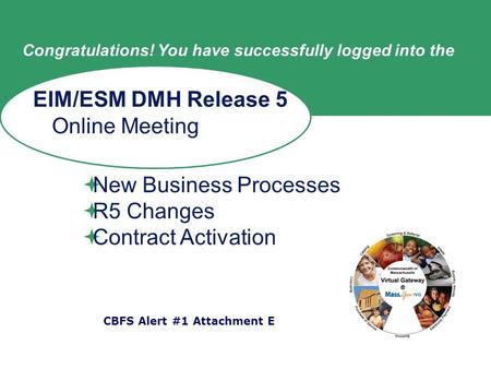 Congratulations! You have successfully logged into the EIM/ESM DMH Release 5 Online Meeting  New Business Processes  R5 Changes  Contract Activation.