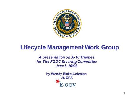 11 A presentation on A-16 Themes for The FGDC Steering Committee June 5, 20008 by Wendy Blake-Coleman US EPA Lifecycle Management Work Group.