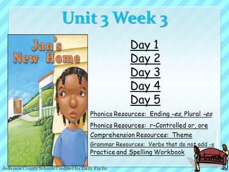 Home Unit 3 Week 3 Phonics Resources: Ending -es, Plural -es Phonics Resources: r-Controlled or, ore Comprehension Resources: Theme Grammar Resources: