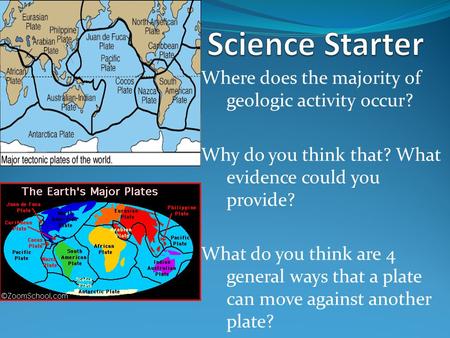 Where does the majority of geologic activity occur? Why do you think that? What evidence could you provide? What do you think are 4 general ways that a.