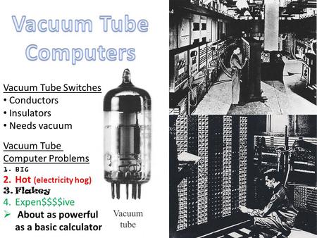 Vacuum Tube Switches Conductors Insulators Needs vacuum Vacuum Tube Computer Problems 1.BIG 2.Hot (electricity hog) 3.Flakey 4.Expen$$$$ive  About as.