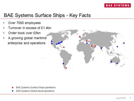 August 2009 1 BAE Systems Surface Ships - Key Facts Over 7000 employees Turnover in excess of £1.4bn Order book over £5bn A growing global maritime enterprise.