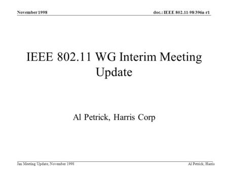 Doc.: IEEE 802.11-98/396a-r1 Jan Meeting Update, November 1998 November 1998 Al Petrick, Harris IEEE 802.11 WG Interim Meeting Update Al Petrick, Harris.