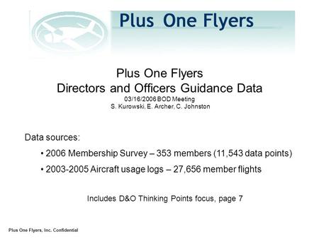 Plus One Flyers Directors and Officers Guidance Data 03/16/2006 BOD Meeting S. Kurowski, E. Archer, C. Johnston Data sources: 2006 Membership Survey –