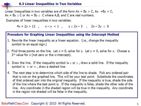 8.3 Linear Inequalities in Two Variables BobsMathClass.Com Copyright © 2010 All Rights Reserved. 1 4.The next step is to determine which side of the line.