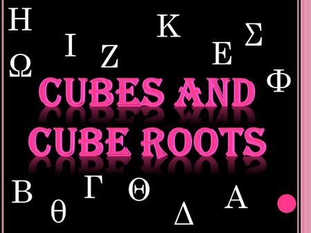 Η θ Α Φ Ω Β Δ Θ Σ Ε Κ Ζ Ι Γ. Introduction Perfect Cubes Cube root Cube root by prime factorisation Cube root by estimation.