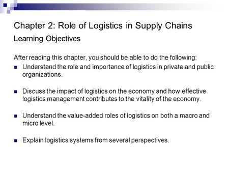 Chapter 2: Role of Logistics in Supply Chains