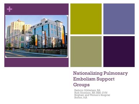 + Nationalizing Pulmonary Embolism Support Groups Kathryn Mikkelsen, BA Ruth Morrison, RN, BSN, CVN Brigham and Women’s Hospital Boston, MA.