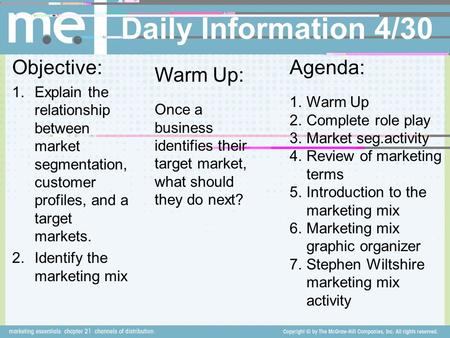 Daily Information 4/30 Objective: 1.Explain the relationship between market segmentation, customer profiles, and a target markets. 2.Identify the marketing.