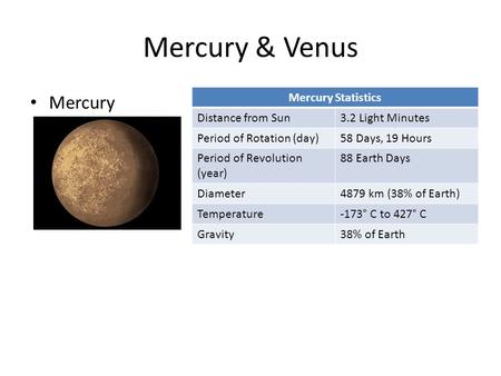 Mercury & Venus Mercury Mercury Statistics Distance from Sun