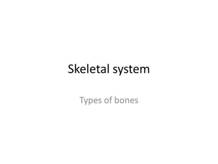 Skeletal system Types of bones. Characteristics of bone types Bone typeexample FlatSkull, shoulder blades, ribs, sternum, pelvic bones LongArms and legs.