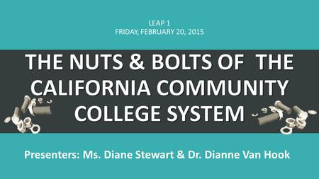 LEAP 1 FRIDAY, FEBRUARY 20, 2015 Presenters: Ms. Diane Stewart & Dr. Dianne Van Hook.