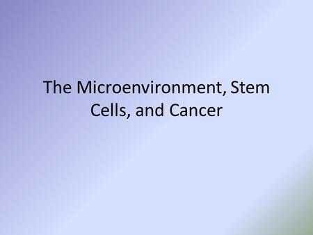 The Microenvironment, Stem Cells, and Cancer. Microenvironment Signaling molecules – G-CSF – Erythropoietin Cell-cell contact – Adherens junctions – Gap.