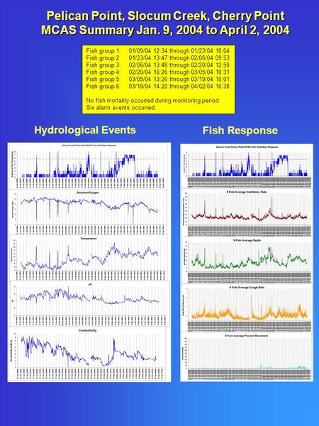 Fish group 1: 01/09/04 12:34 through 01/23/04 10:04 Fish group 201/23/04 13:47 through 02/06/04 09:53 Fish group 3: 02/06/04 13:48 through 02/20/04 12:50.