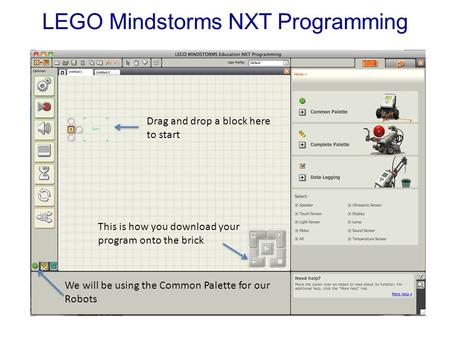 LEGO Mindstorms NXT Programming We will be using the Common Palette for our Robots This is how you download your program onto the brick Drag and drop a.
