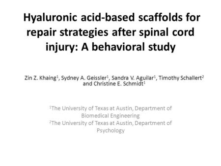 Hyaluronic acid-based scaffolds for repair strategies after spinal cord injury: A behavioral study 1 The University of Texas at Austin, Department of Biomedical.