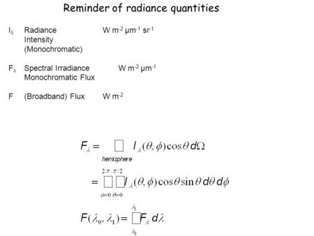 Reminder of radiance quantities I λ RadianceW m -2 μm -1 sr -1 Intensity (Monochromatic) F λ Spectral IrradianceW m -2 μm -1 Monochromatic Flux F(Broadband)