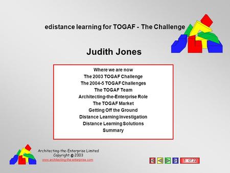 Www.architecting-the-enterprise.com edistance learning for TOGAF - The Challenge 1of 22 Where we are now The 2003 TOGAF Challenge The 2004-5 TOGAF Challenges.