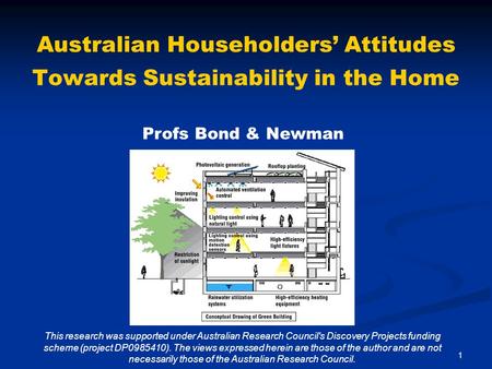1 Australian Householders’ Attitudes Towards Sustainability in the Home Profs Bond & Newman This research was supported under Australian Research Council's.