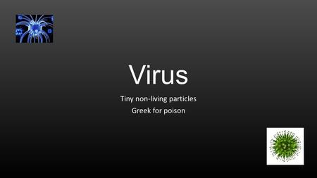 Virus Tiny non-living particles Greek for poison.