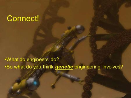 Connect! What do engineers do? So what do you think genetic engineering involves?