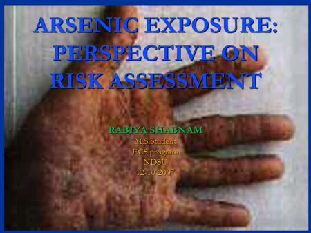 ARSENIC EXPOSURE: PERSPECTIVE ON RISK ASSESSMENT RABIYA SHABNAM M.S.Student ECS program NDSU12-10-2007.