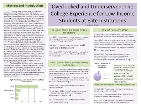 Overlooked and Underserved: The College Experience for Low-Income Students at Elite Institutions Kimberly White This paper is a synthesis of research on.