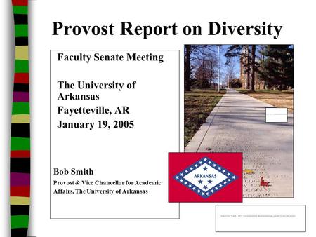 Provost Report on Diversity Faculty Senate Meeting The University of Arkansas Fayetteville, AR January 19, 2005 Bob Smith Provost & Vice Chancellor for.