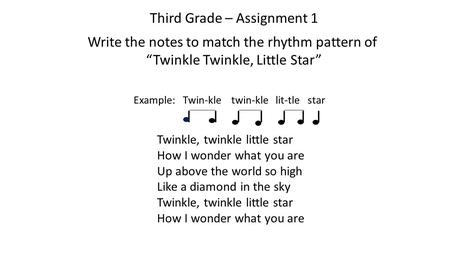 Third Grade – Assignment 1 Write the notes to match the rhythm pattern of “Twinkle Twinkle, Little Star” Example: Twin-kle twin-kle lit-tle star l l l.