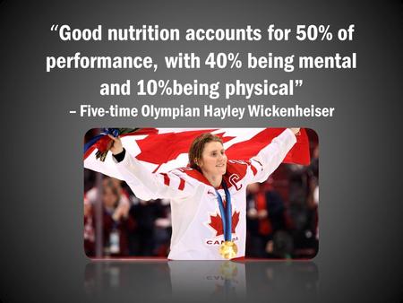 “ Good nutrition accounts for 50% of performance, with 40% being mental and 10%being physical” – Five-time Olympian Hayley Wickenheiser.